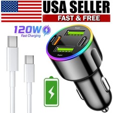 120W Fast Car Charger 4 Port Adapter  Cable For iPhone 17 16e 15 Pro Max 14 13