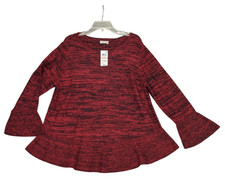 New Style & Co Sweater Womens 2X Red Black Ruffle Hem Bell Sleeve Pullover Knit