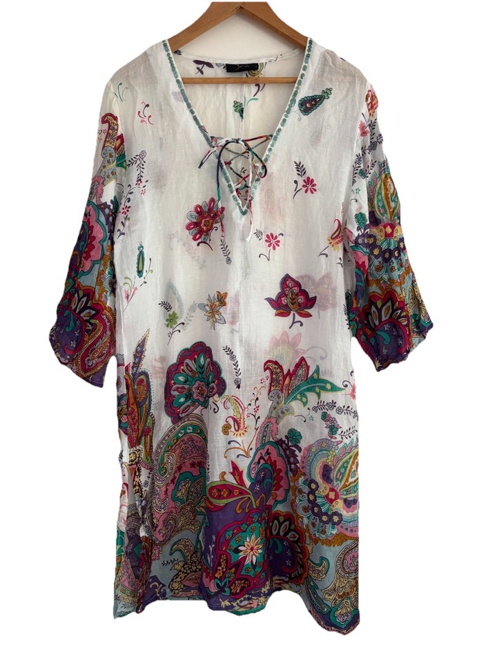 Jendi Ladies Dress Size L Large Kaftan Floral 100% Cotton Beach Cover Slit