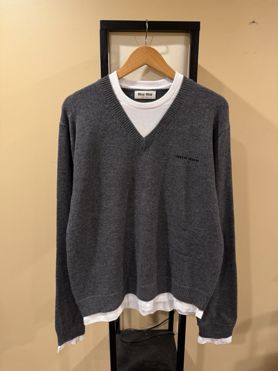 Miu Miu 2025 Cashmere Gray Double Layer V-Neck Sweater | eBay