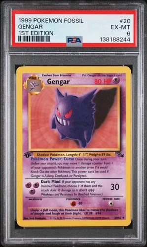 1999 POKEMON FOSSIL 1ST EDITION #20 GENGAR PSA 6