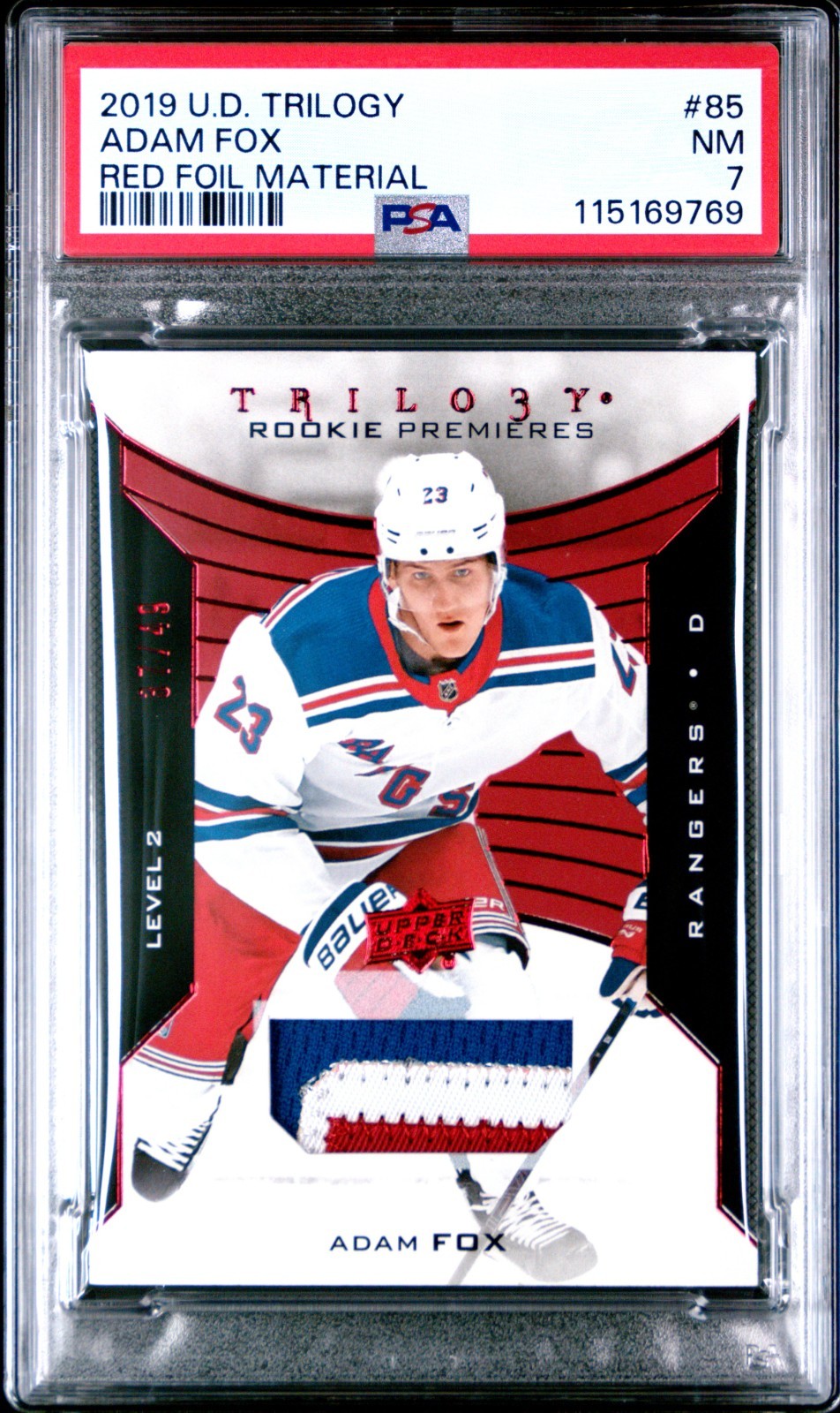 2019-20 UD Trilogy Adam Fox Rookie Premieres Red Foil 3 Color Patch /49 PSA 7