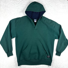 Vintage 90s Russell Athletic Hoodie Mens 2XL Green Henley Pullover Made In USA