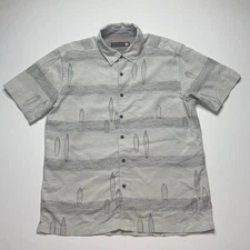 Quiksilver Button Up Hawaiian Shirt Surf Board Print Men’s Large Grey 