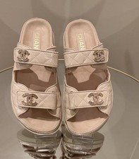 Chanel Dad Sandals CC Interlocking Brooch Quilted Leather Beige Size 37