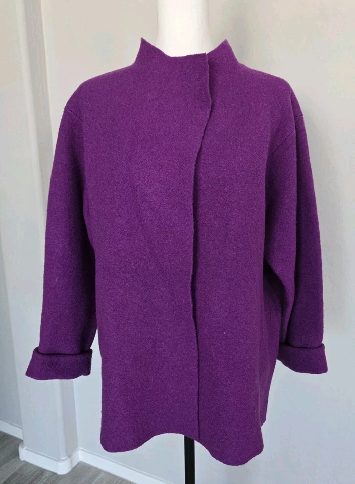 Chaqueta Eileen Fisher Toda Lana Fieltro Frontal Snap Capa Larga Púrpura Excelente Talla S Foto 2 de 4