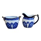1980's The Bombay Co. Grace Pattern Creamer Sugar Bowl White Blue Porcelain