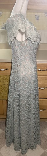 Vtg 80s Dress Cachet By Bari Protas Sage Green Lace Full Length Gown Sz 12 - Picture 4 of 17