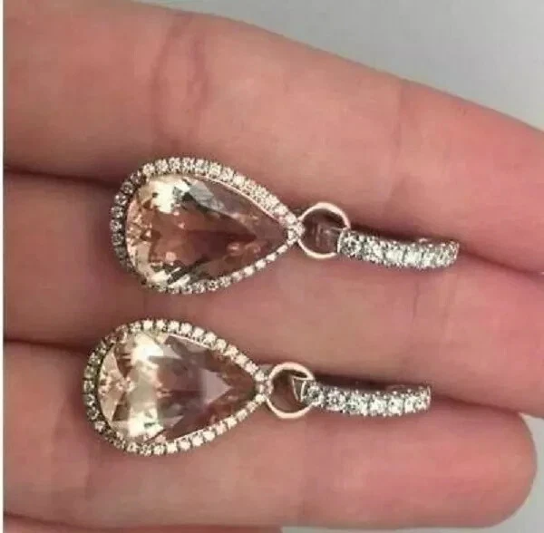 Pendientes colgantes y colgantes de diamantes de morganita talla pera de 4 quilates con acabado sólido de oro rosa de 14 quilates Foto 2 de 4