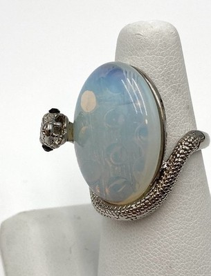 Snake Ring Oval Moonstone Rhodium Plated Silver Tone Size 6 