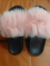Women s Pink Faux Fur Fur Trim Slide Sandals Slip On Flat Casual Size 7