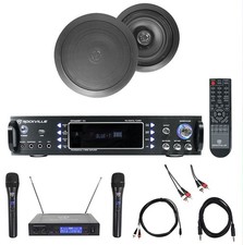 Karaoke Bluetooth Amp/Mixer  2 8" Black Ceiling Speakers  Wireless Mics