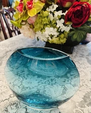Krosno Poland Vintage Art Glass Vase Thick Ellipse Teal Blue Modernist BIG THICK