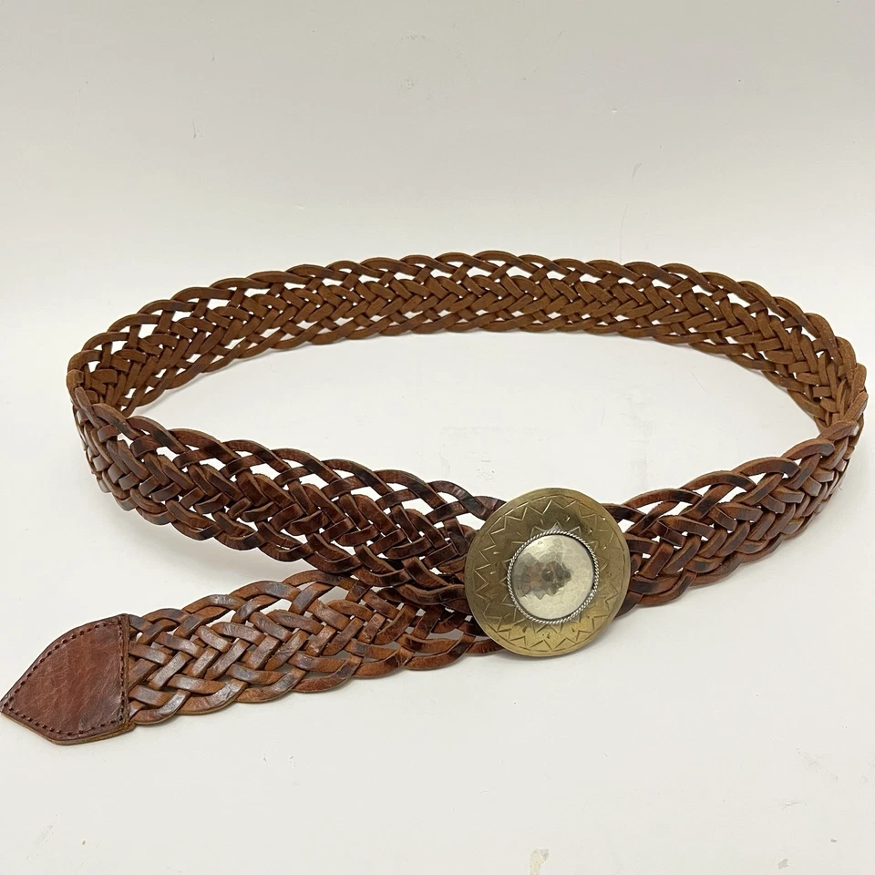复古宽皮革腰带编织棕色波西米亚锤形奖章黄铜扣西部 — 第 3/4 张图片
