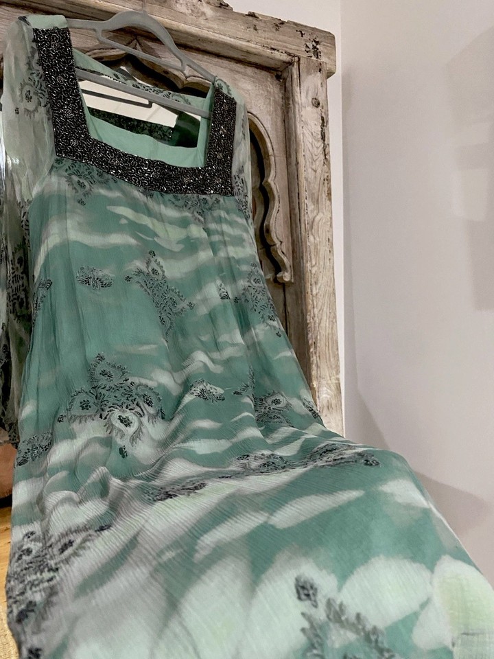 Caju Kaftan Dress, Green Floral Beaded Square Neck Long Sleeve Midi XXL