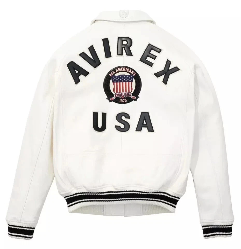 Chaqueta de cuero de vaca genuina estilo vuelo bombardero americano blanca Avirex para hombre Foto 4 de 4