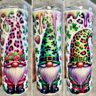 GNOMES / LUCKY GNOME COLORFUL CLOVER 20 OZ STAINLESS STEEL TUMBLER CUP LID/STRAW