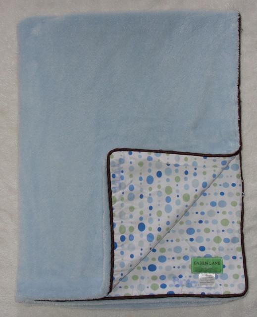 Caden Lane Luxe Blue Baby Blanket Green Dots Brown Piped Velour Cotton