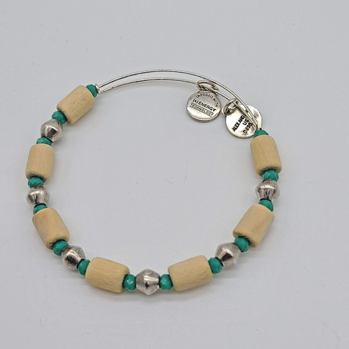 Alex and Ani "Seaside Palm" Beaded Bangle Bracelet, Blonde Wood, Silver & Green - Picture 5 of 5