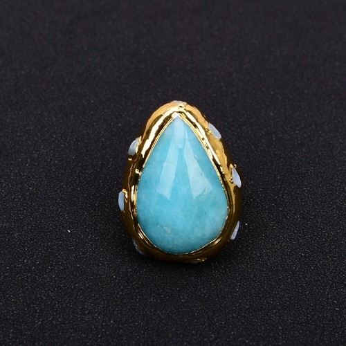 Natural Blue Peruvian Amazonite Larimar Paved Gold Electroplated Rings Adjust - Imagen 9 de 12