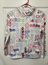 Adidas White Multicolor Logo Print Pullover Childs Large 14 Hooded Sweatshirt
