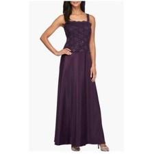 New Alex Evenings Sequin Lace Satin Gown Maxi Dress Square Neck Purple Eggplant