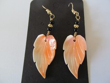 NEW HANDCRAFTED LARGE CARVED ANGEL SKIN CORAL LEAF-ONYX BEADS PIERCED EARRINGS