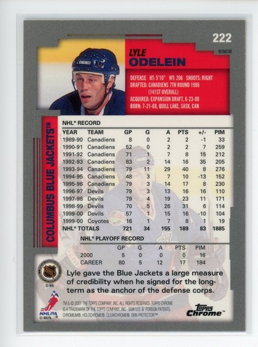 2000-01 Topps Chrome Refractor #222 Lyle Odelein Expansion Team Blue Jackets - Picture 2 of 3