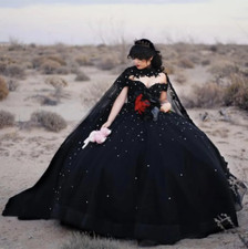 Black Ball Gown Gothic Quinceanera Dresses With Long Wrap The Shoulder Beaded