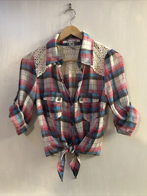 AMERICAN RAG Cie PRETTY IN PLAID CROCHET LACE Pink Crop Tie Front Size S Small