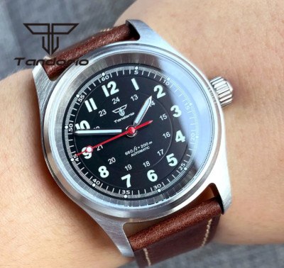 Tandorio 36mm Mechanische Pilot Uhr Seiko NH35 Uhrwerk Schwarz Leder Riemen