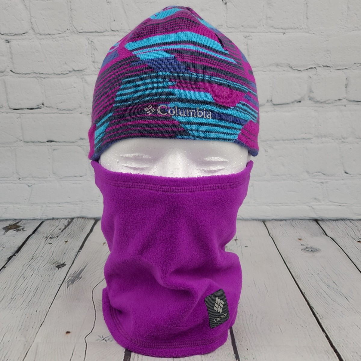 Columbia Beanie Skull Cap Hat Youth Purple Reversible With Gaiter