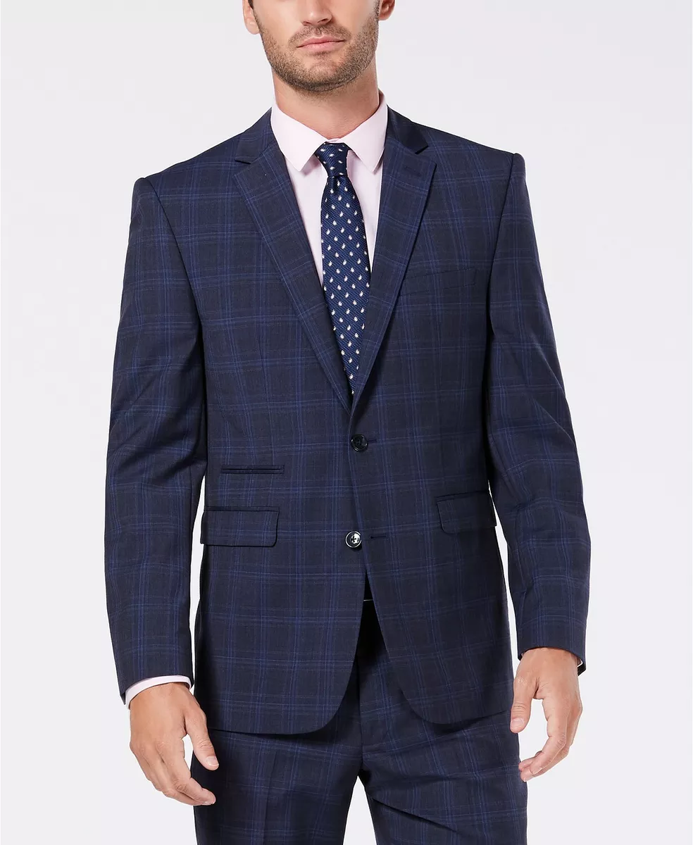 Blue Slim Fit Plaid Wool Blazer by