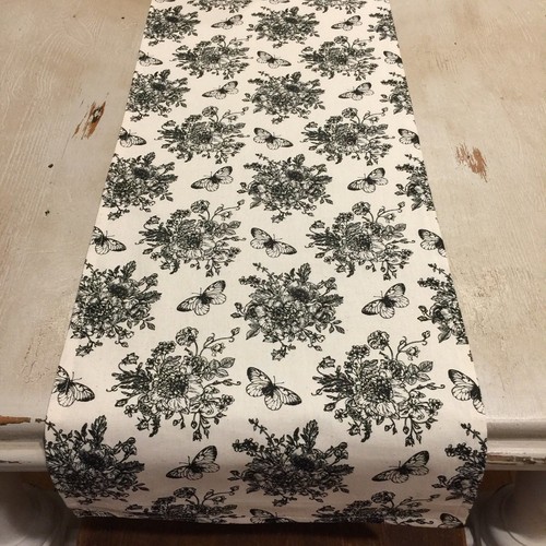 Table Runner, Provincial, Country, Black & Cream Floral, Butterfly, Cotton - Picture 2 of 8