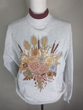 VTG 80s Womens Gray Floral Print Turtle Neck Sweatshirt Sweater Flower PM