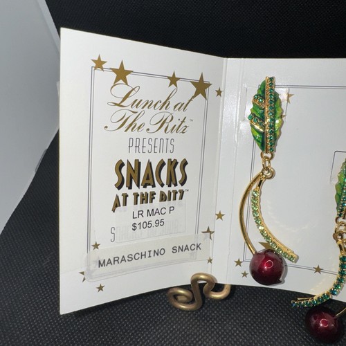 Vtg Lunch At The Ritz Dangle Cherry Leaves Rhinestones Earrings - Picture 3 of 10