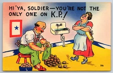 Vintage Postcard Funny Humor Cartoon Military Peeling Potatoes KP Duty Linen