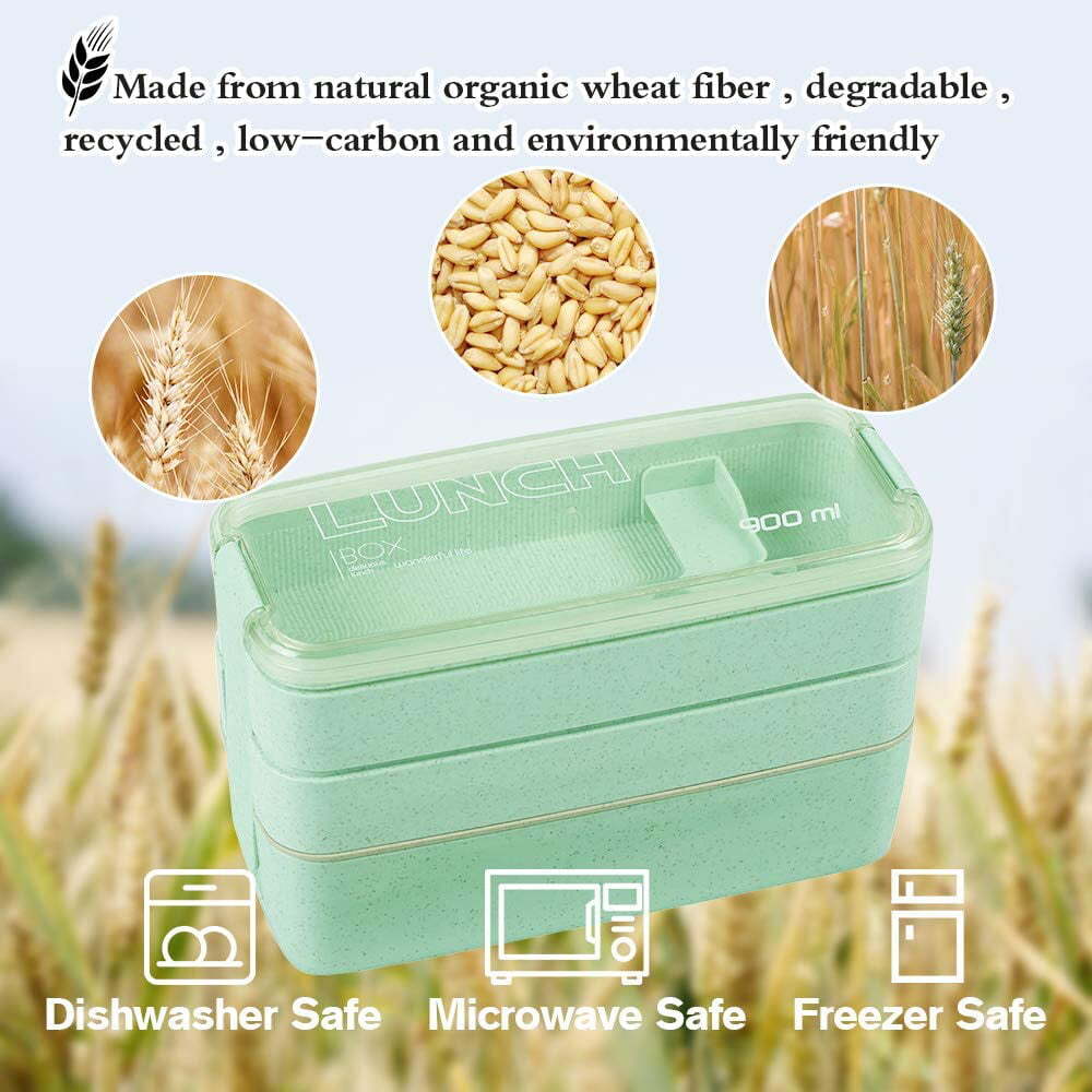 Japanese Bento Lunch Box with 3 Compartments - Eco-Friendly Wheat Straw Design