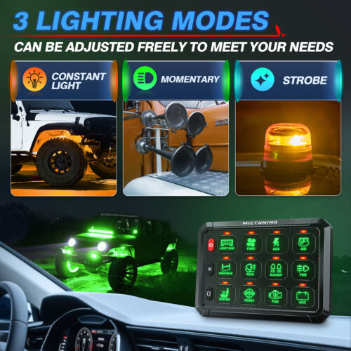 MICTUNING P1s Green 12 Gang 5" Switch Panel, Multifunction Touch Toggle Switch - Picture 5 of 24