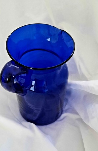 Cobalt Blue Blown Glass Pitcher App. 8" Tall, Rippled - Picture 4 of 10