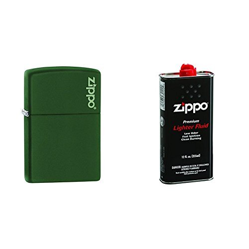 Zippo Green Matte Logo Pocket Lighter with 12 oz Lighter Fluid