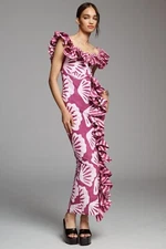 Anthropologie SIKA KC Off-The-Shoulder Purple Ruffle Slit Tropical Dress NEW 6