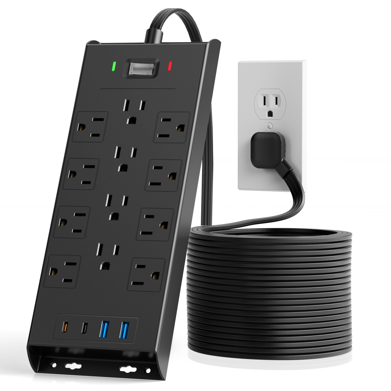 Flat Plug Power Strip 10Ft Long Extension Cord, LeZone 4800J Surge Protector,...