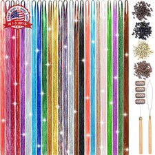 24 Colors Hair Tinsel Kit, 48 Inch 8600 Strands Glitter Tinsel Hair Extensions H