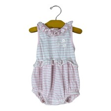 Vintage Buster Brown Baby Romper 18 Mo Pink Stripe Ruffle Flowers MADE IN USA