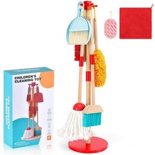 Wooden Kids Cleaning Toy Set Toddler Broom and Dustpan Set for Housekeeping 9...