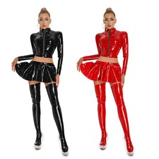 Womens Outfit Dance Set Long Sleeve Streetwear Nightclub Clubwear Bodycon PU