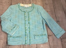 St. John Collection Aqua Knit Blazer Size 10 Eyelash Fringe Zip Front