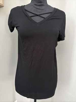 Cupio Womens Blouse Size Small Black Criss Cross V Neck Short Sleeve Top Large