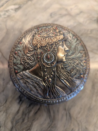 Art Nouveau Jewelry Box Byzantine Revival Woman Brunette Head Bronze Trinket Vtg